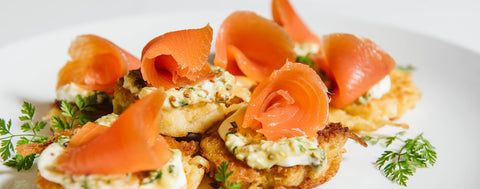 Potato latkes with aoraki cold smoked salmon shavings