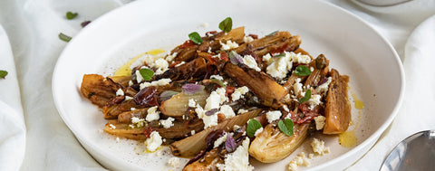 Warm fennel, olive, tomato and feta salad