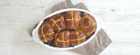 Hot cross bun bread and butter pudding