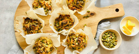 Savoury gluten free pumpkin, sweet potato, spinach and feta muffins