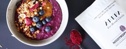 Berry warm winter brekky bowl with arepa nootropic powder