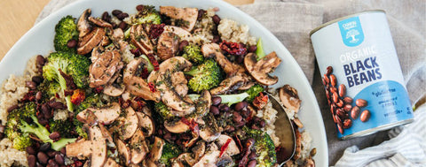 Black bean & broccoli quinoa salad with marinated mushrooms