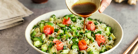 Smoked salmon shirataki noodle salad with ginger sesame dressing